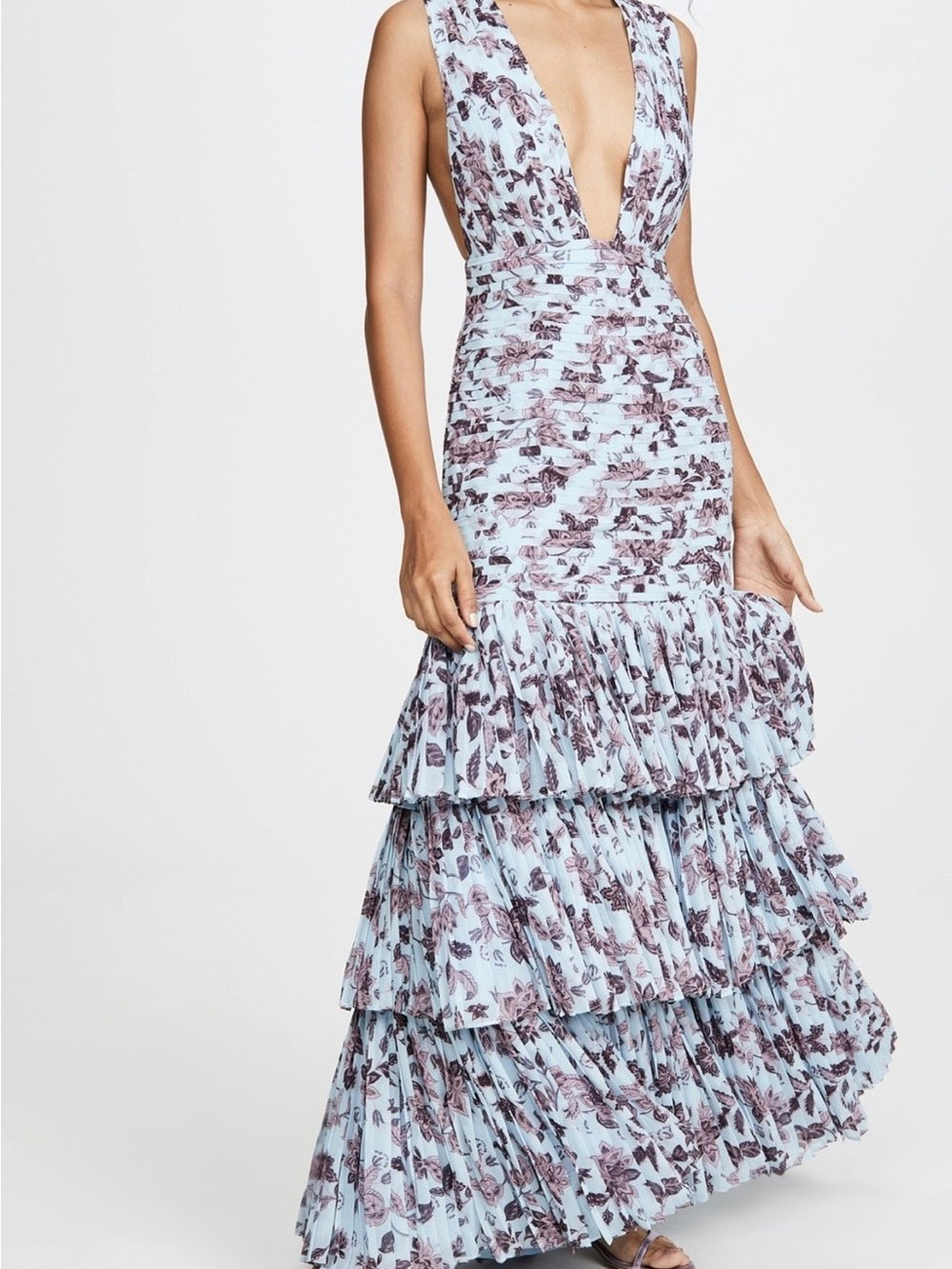 Fame and Partners Pale Blue Floral Plunge Tiered Maxi Dress